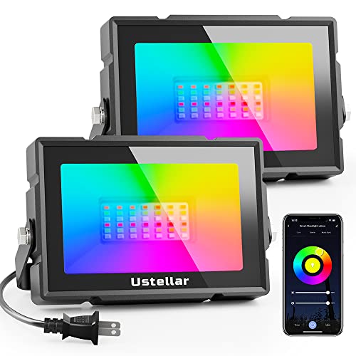 USTELLAR Smart WiFi LED Flood Lights Outdoor, RGB Color Changing Stage Landscape Lighting with APP Group Control, Timing, Alexa, Outdoor Uplights IP66 Spotlights for Christmas Halloween Party, 2 Pack