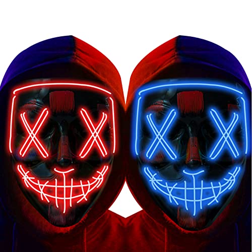 anroog Halloween Mask LED Light up Mask (2 Pack) Scary mask for Festival Cosplay Halloween Costume Masquerade Parties,Carnival (Red+Blue)