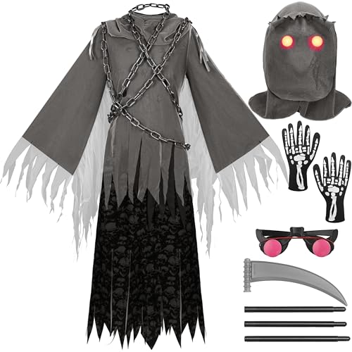 Spooktacular Creations Child Unisex Grim Reaper Costume, Halloween Costume with Glowing Red Eyes for Kids Trick-or-Treating-XL(12-14yr)