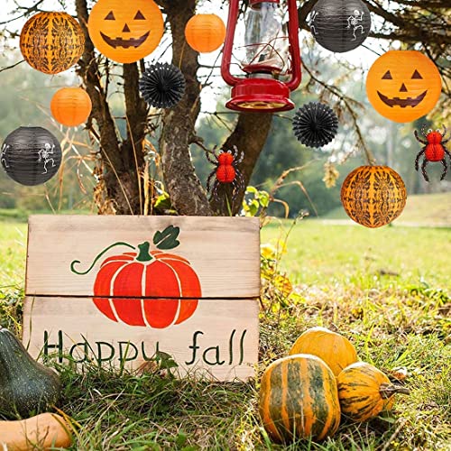 UNIQOOO 12Pcs Halloween Hanging Decorations Paper Lanterns, Jack-O'-Lantern Spider Skeleton Pumpkin for Indoor & Outdoor Spooky Home Decor, Party Supplies Props, 12" & 8" (Orange, Black)