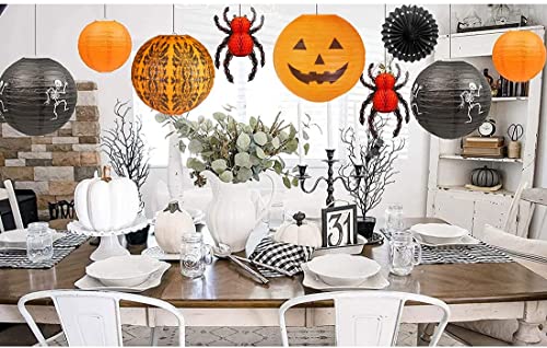 UNIQOOO 12Pcs Halloween Hanging Decorations Paper Lanterns, Jack-O'-Lantern Spider Skeleton Pumpkin for Indoor & Outdoor Spooky Home Decor, Party Supplies Props, 12" & 8" (Orange, Black)