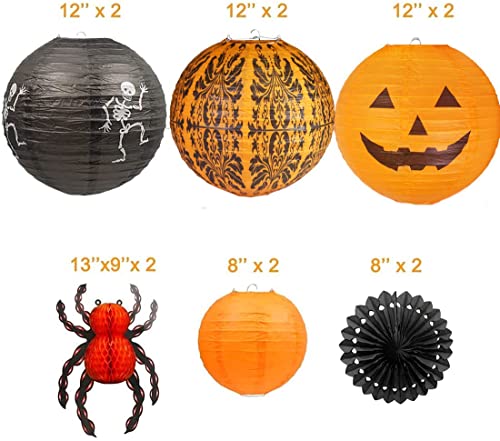 UNIQOOO 12Pcs Halloween Hanging Decorations Paper Lanterns, Jack-O'-Lantern Spider Skeleton Pumpkin for Indoor & Outdoor Spooky Home Decor, Party Supplies Props, 12" & 8" (Orange, Black)