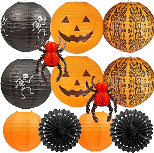 UNIQOOO 12Pcs Halloween Hanging Decorations Paper Lanterns, Jack-O'-Lantern Spider Skeleton Pumpkin for Indoor & Outdoor Spooky Home Decor, Party Supplies Props, 12" & 8" (Orange, Black)