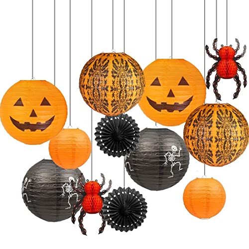 UNIQOOO 12Pcs Halloween Hanging Decorations Paper Lanterns, Jack-O'-Lantern Spider Skeleton Pumpkin for Indoor & Outdoor Spooky Home Decor, Party Supplies Props, 12" & 8" (Orange, Black)
