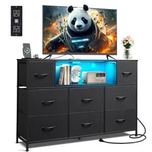 WLIVE Black TV Stand with LED Lights & Drawers