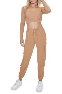 Camel Waffle Knit Cargo Joggers - Medium