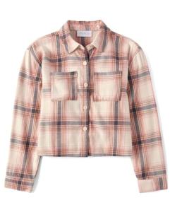 Girls' Long Sleeve Plaid Button-Up Shirt, Pink