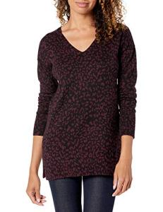 Lightweight Women's V-Neck Tunic Sweater, Black Animal Print