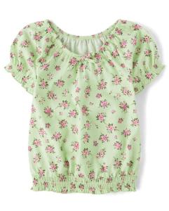 Girls' Smocked Short Sleeve Top - Green Glow