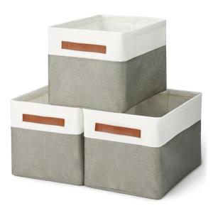 Large Charcoal Storage Bins with Leather Handles - 3 Pack