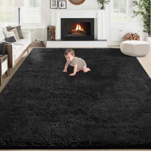 Large Soft Black Shag Rug for Living Room
