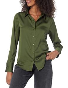 Women’s Satin Button Down Blouse in Dark Olive