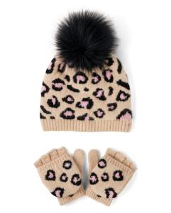 Girls' Latte Leopard Winter Hat and Mittens Set