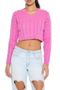 Forever 21 Cropped Cable Knit Sweater - Peony Pink