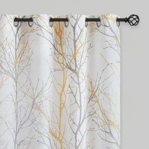 Yellow White Semi Sheer Curtains with Tree Print