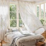 Yellow White Semi Sheer Curtains with Tree Print