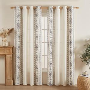 Grey Boho Linen Embroidered Curtains - 96 Inches