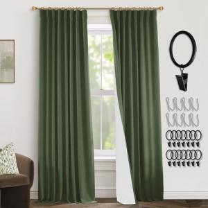 Dark Olive Green Curtains for Living Room 96 Inch Length,Moody Academia Window Treatments Thermal Room Darkening Linen Blackout Curtain Drapes 96 Inches Long,2 Panel Set