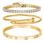 A D. 18 K Gold Plated Love Bangle Bracelet Set Stackable Cubic Zirconia Chain Bracelet Stainless Steel Chain Gold Bangle Bracelets for Women (3 Sets(Tennis,Bangle))