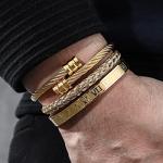 WFYOU 3PCS Stainless Steel Bracelets for Men Gold Roman Numeral Bangle Twisted Cable Adjustable Cuff Bracelet Mens Luxury Jewelry Gifts