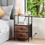 LOAKEKEL Night Stand Set 2, Nightstand with Charging Station, End Tables with Storage Shelf for Small Spaces, Bedside Table Side Tables with 2 Fabric Drawers for Bedroom, Rustic Brown, HETS020PBR