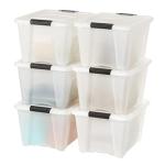 IRIS USA 32 Qt Stackable Plastic Storage Bins with Lids, 6 Pack - BPA-Free, Made in USA - Discreet Organizing Solution, Latches, Durable Nestable Containers, Secure Pull Handle - Pearl