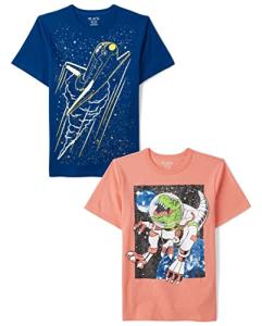 The Children's Place Boys' Assorted Everyday Short Sleeve Graphic T-Shirts,Multipacks, Dino Astronaut/Space Rocket 2-Pack, X-Large