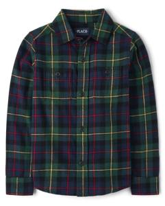 The Children's Place Boys' Long Sleeve Flannel Button Up Shirt, Spruce Plaid, Large