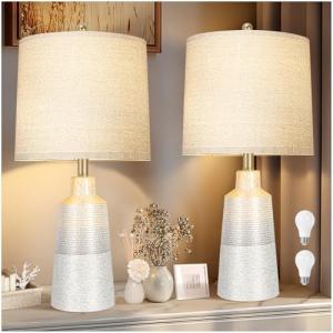 24.5" Ceramic Table Lamps Set of 2 for NightStand,Lamps for Living Room with 3-Way Dimmable Bulb,Rotary Switch,Modern Table Lamp with Linen Shade,Bedside Lamps of Set 2 for Bedrooms(Bulb Included)