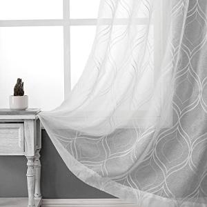 VISIONTEX Moroccan Embroidered White Sheer Curtains Geometric, Rod Pocket Tulle Semi Window Treatment Long Drapes for Living Room, Set of 2 Trellis Curtain Panels, 54 x 95 inch, Ivory White