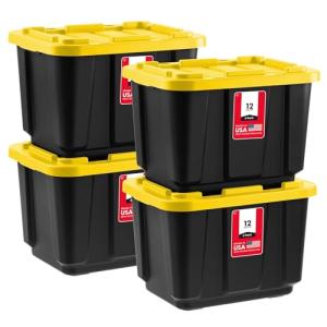 IRIS USA 12 Gallon Heavy Duty Truck Bed Toolbox Storage Tote Bins with Lids, 4 Pack - Made in USA, Tough Snap On Lockable Lid Stackable Industrial Rugged Tubs, Garage Organization Box - Black/Yellow