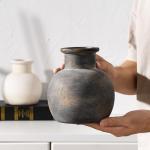 SIDUCAL Ceramic Rustic Farmhouse Vase | 6 Inch Pottery Decorative Flower | Boho | Terracotta Vase for Home Decor Table, Living Room, Bathroom Decoration, Shelf Decor, Mantel, Bronze