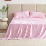 Love's cabin Satin Queen Sheets Set - 4 Piece Pink Silky Bed Sheets Set with Deep Pocket, Luxury Silk Feel Satin Queen Size Sheet Set (1 Flat Sheet,1 Fitted Sheet,2 Pillow Cases)