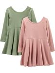 Simple Joys by Carter's Girls' 2-Pack Stretch Rib Dresses, Olive/Pink, 7