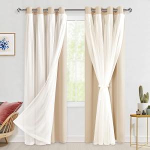 Hiasan Blackout Curtains with Sheer Overlay, Thermal Insulated Mix & Match Double Layer Room Darkening Curtains for Bedroom, Living Room, Nursery, 2 Window Panels Sewn with Tiebacks, Beige, 52W X 84L