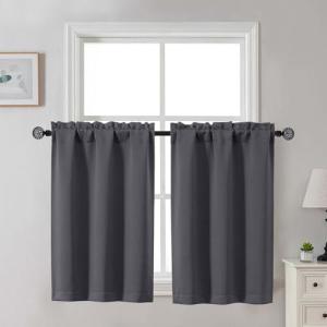 Gwine Charcoal Grey Blackout Curtains for Small Window Treatment, Light Blocking Short Kitchen Window Curtains Over Sink, Rod Pocket Half Window Tiers for Bathroom Basement, Each 30" Wx36 L, 2 PCS