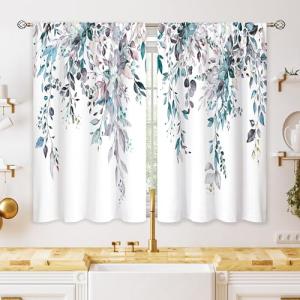 oolygoo Blue Grey Eucalyptus Botanical Leaves Floral Kitchen Window Curtains Over Sink Farmhouse Flower Leaf Small Window Treatment Cafe Short Curtains for Bathroom Treatment Tier Drapes 27.5x39 inch