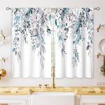 oolygoo Blue Grey Eucalyptus Botanical Leaves Floral Kitchen Window Curtains Over Sink Farmhouse Flower Leaf Small Window Treatment Cafe Short Curtains for Bathroom Treatment Tier Drapes 27.5x39 inch