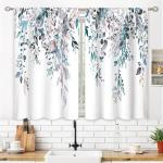 oolygoo Blue Grey Eucalyptus Botanical Leaves Floral Kitchen Window Curtains Over Sink Farmhouse Flower Leaf Small Window Treatment Cafe Short Curtains for Bathroom Treatment Tier Drapes 27.5x39 inch