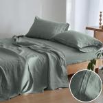 Simple&Opulence 100% Linen Sheet Set 4 Pieces Natural France Flax Bed Sheet (1 Flat Sheet, 1 Fitted Sheet, 2 Pillowcases) Breathable Luxury Hotel Bedding - Embroidery Cushing Green, Queen Size