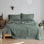 Simple&Opulence 100% Linen Sheet Set 4 Pieces Natural France Flax Bed Sheet (1 Flat Sheet, 1 Fitted Sheet, 2 Pillowcases) Breathable Luxury Hotel Bedding - Embroidery Cushing Green, Queen Size