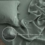 Simple&Opulence 100% Linen Sheet Set 4 Pieces Natural France Flax Bed Sheet (1 Flat Sheet, 1 Fitted Sheet, 2 Pillowcases) Breathable Luxury Hotel Bedding - Embroidery Cushing Green, Queen Size