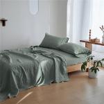 Simple&Opulence 100% Linen Sheet Set 4 Pieces Natural France Flax Bed Sheet (1 Flat Sheet, 1 Fitted Sheet, 2 Pillowcases) Breathable Luxury Hotel Bedding - Embroidery Cushing Green, Queen Size