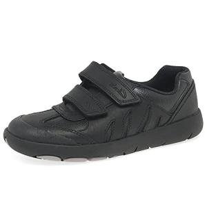 Clarks Boy's Rex Stride Black Leather School Shoes | Riptape Fastening | Dino Inspired | Toe Bumper | Wide Fit Available, Black, 2.5 UK Child