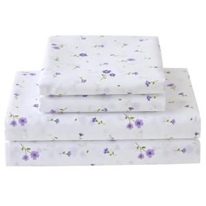 Softan Floral Full Sheet Set Purple Flower Printed Bed Sheets Double, Cozy Microfiber Patterned Fitted Sheets with 15" Deep Pocket & Non-Slip Straps, Cute Purple Sheets and Pillowcase Set