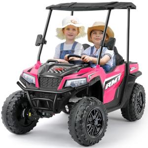 ELEMARA 2 Seater Ride-On Car w/Dump Bed, Sun Shade & Shovel, 12V 10AH 4WD Electric Vehicle for Big Kids, 3 Speeds, LED Lights, Music, 4.0 mph Bluetooth Ride on Toys for Toddlers, Pink