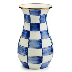 MACKENZIE-CHILDS Tall Enamel Vase, Unique Flower Vase, Decorative Table Decor for Living Room, Blue-and-White Royal Check