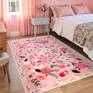 Macgace Pink Floral Rug for Girls Bedroom, 3x5 Machine Washable Area Rugs with Non Slip Backingfor Living Room, Cute Flowers Carpet Kitchen Dining Room Kids Playroom Decor