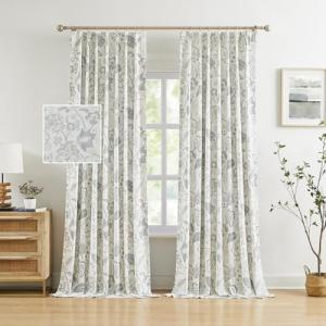 Kayne Studio Blue Grey Blackout Curtain Panels Linen Botanical Leaf Print Floral Farmhouse Drapes Soundproof Light Blocking Window Treatment Living Room Bedroom Pinch Pleated BackTab,40"x108",2 Panels