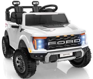 First Ride On 24V Kids Ride On Truck, Licensed Ford F-150 Raptor 2 Seater Electric Car w/Remote Control, Toddler Ride On Car Toys w/LED Lights, Bluetooth, Music, Truck Bed Storage, Soft Start (White)